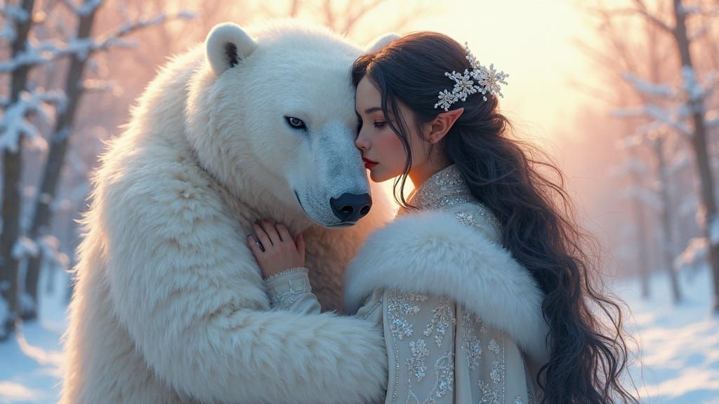 Snowy Winter Scene of Majestic Elf and Polar Bear