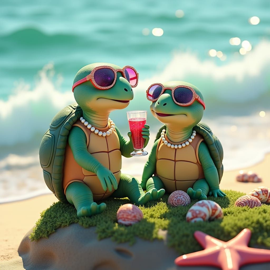 Turtle Girls Chatting by the Sea: 3D Anime Art