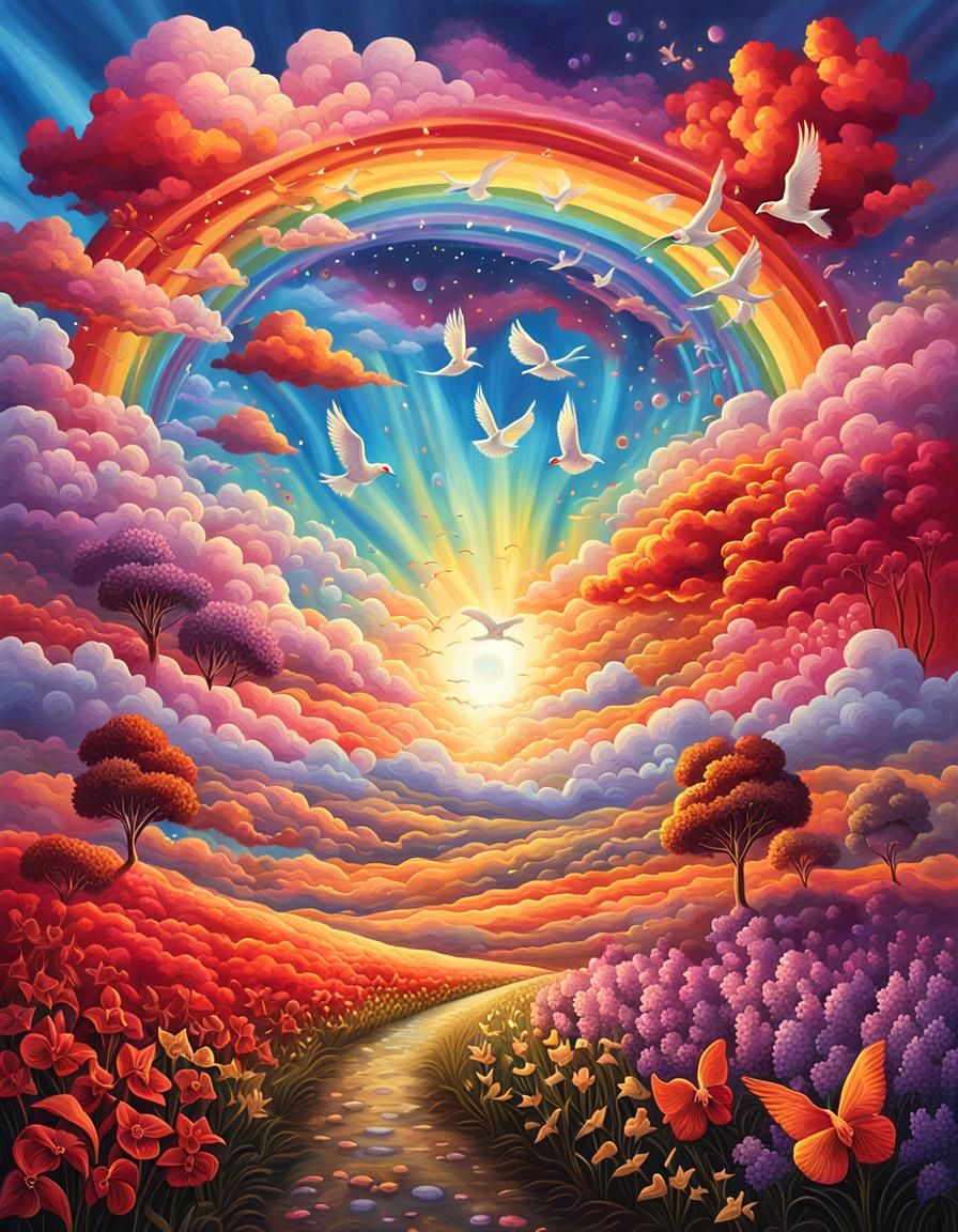 Psychedelic Heart Clouds and Rainbow in Ethereal Fantasy Art
