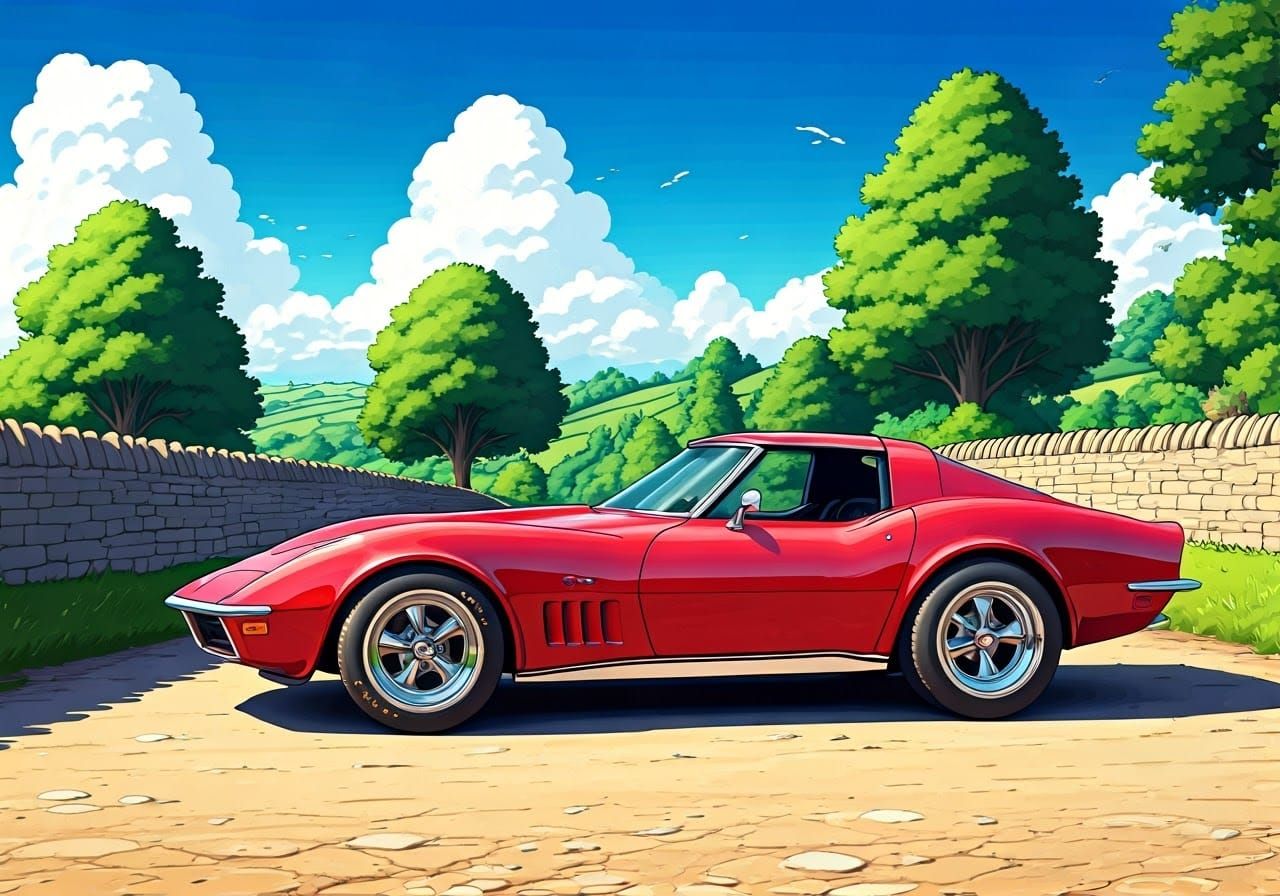 Red Corvette C3 on Cotswolds Road, Anime Style