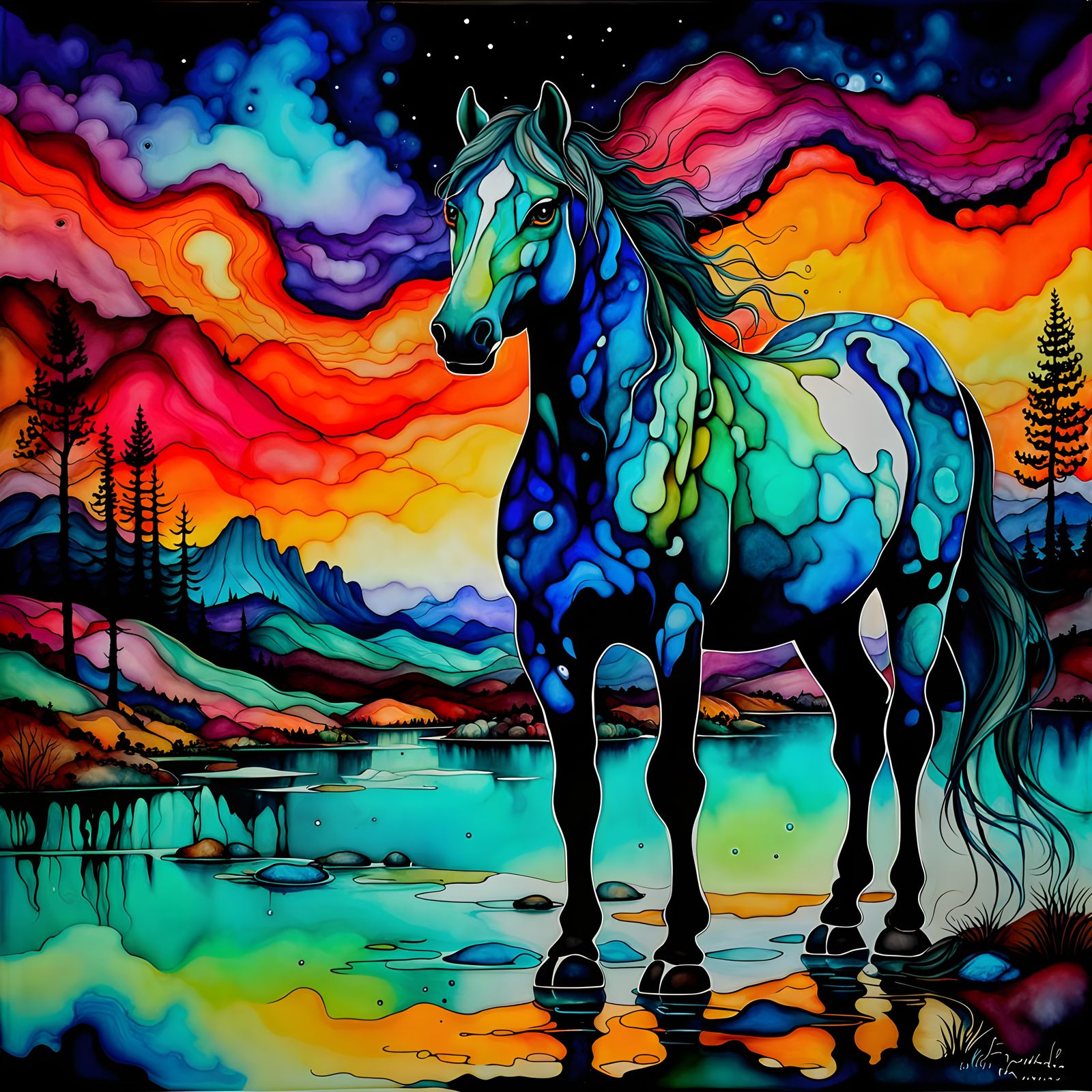 Luminescent Wild Horses in Alcohol Ink Style