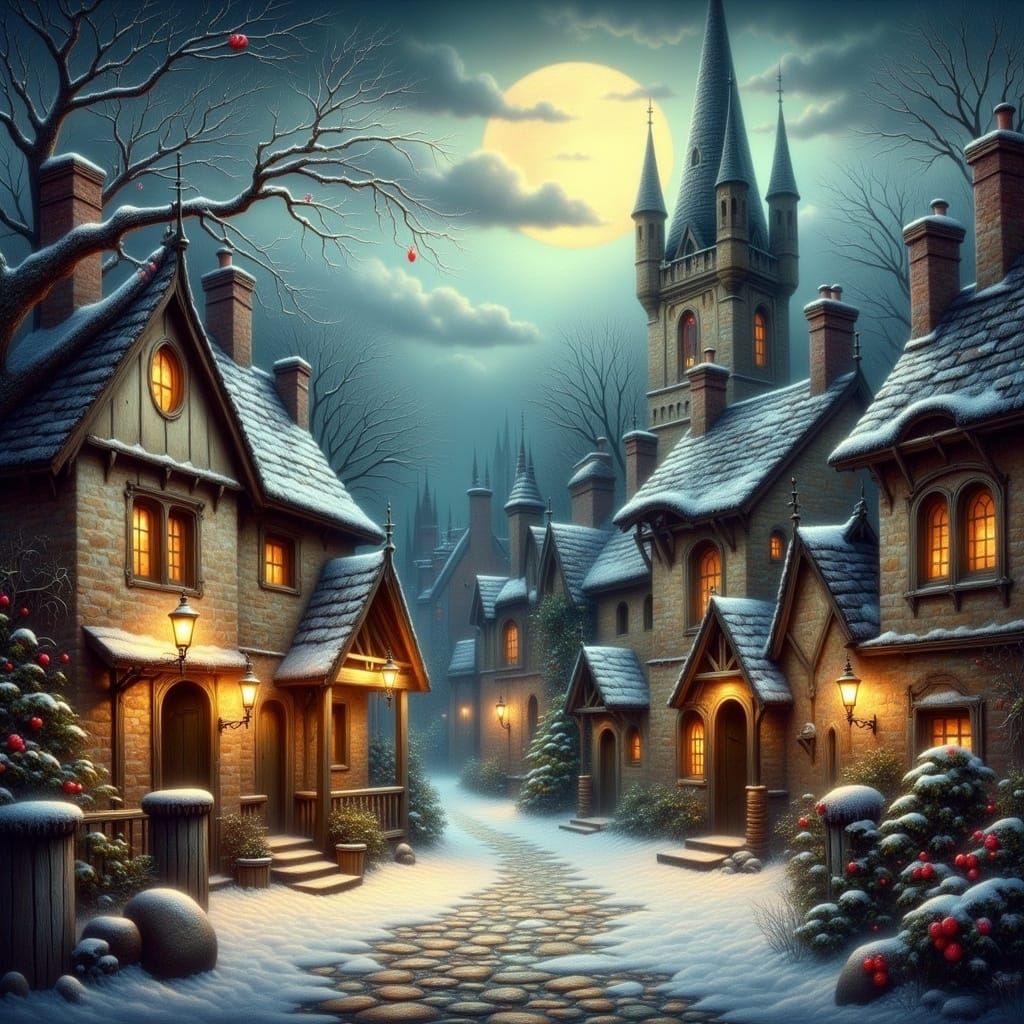 Moonlit Village Square in Dark Fantasy Style