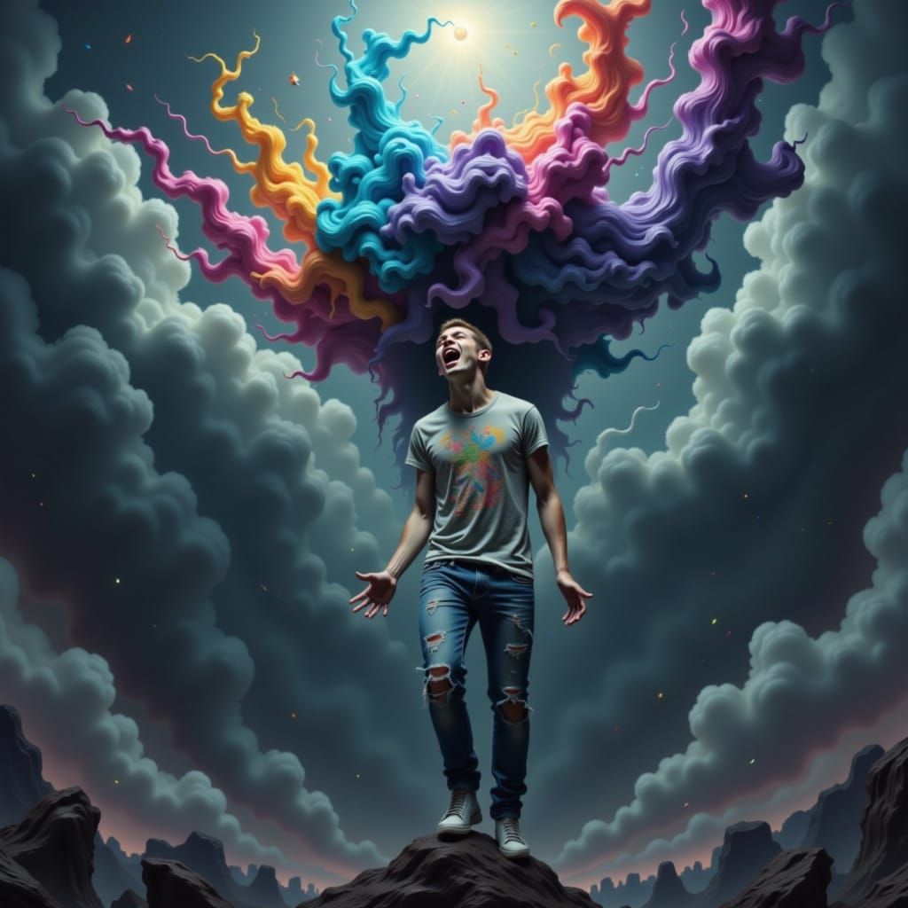 Anguished Man in Colorful Smoke, Expressive Art