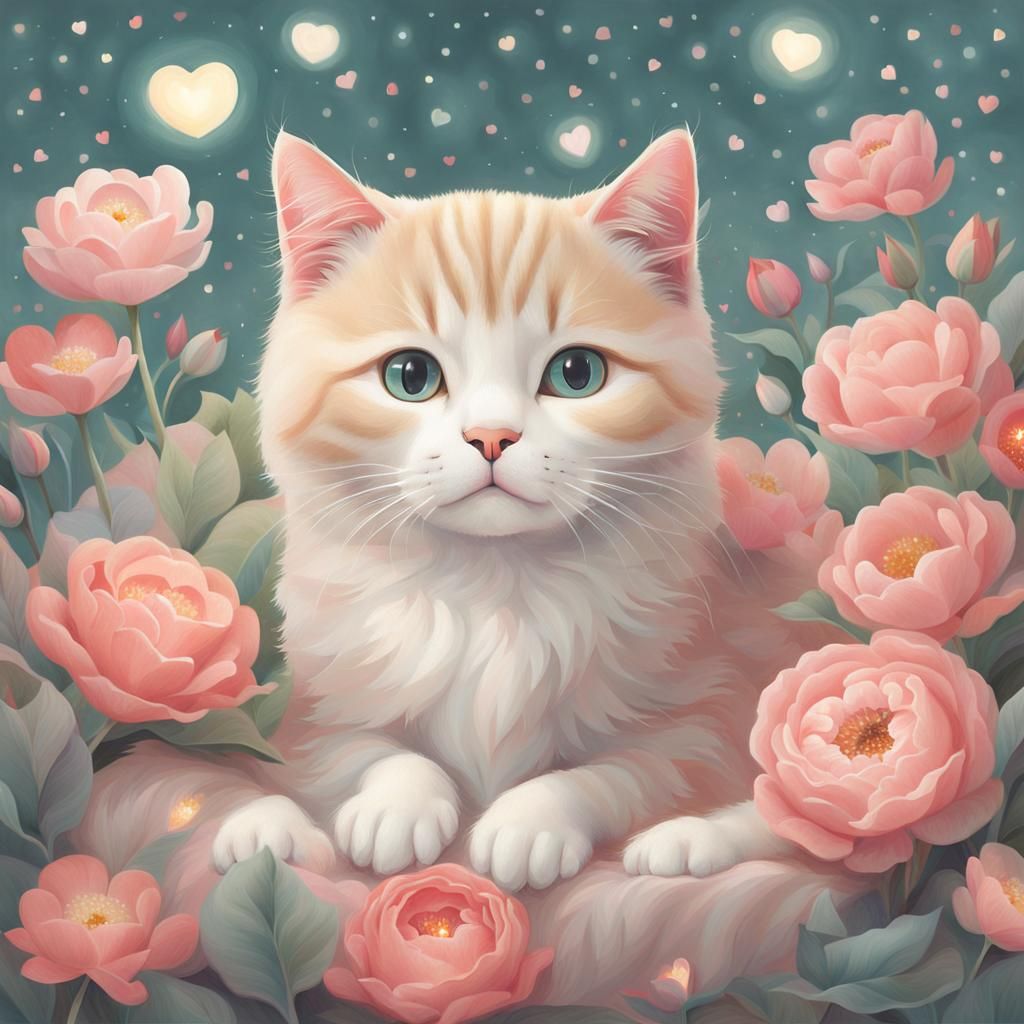 Cute Cat Surrounded by Flowers: Ethereal Digital Art