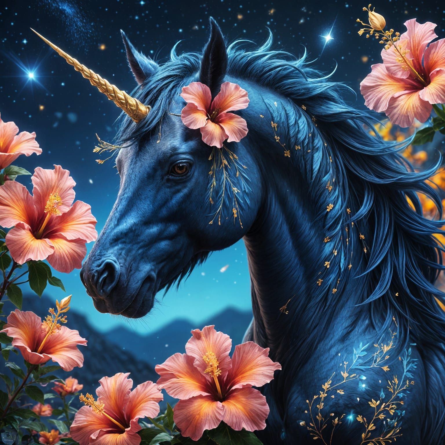 Ethereal Unicorn in Starry Night Sky with Hibiscus Flowers