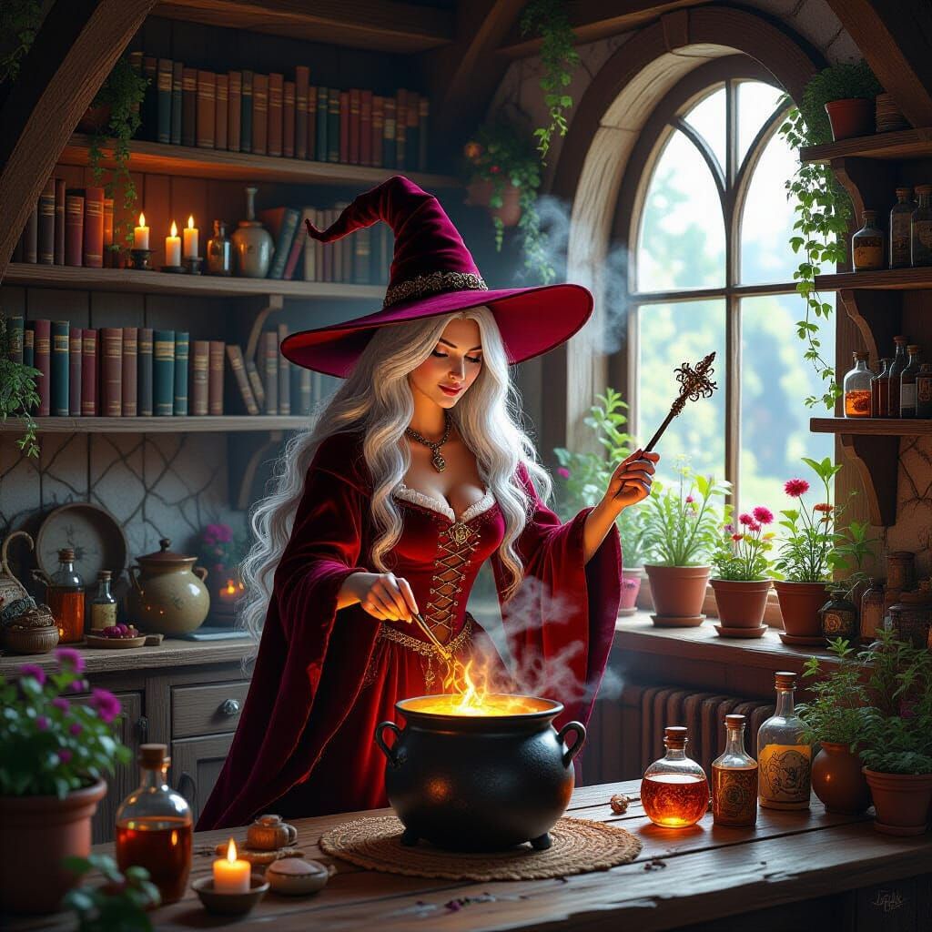 Powerful Witch in Cozy Cottage Kitchen, Fantasy Art
