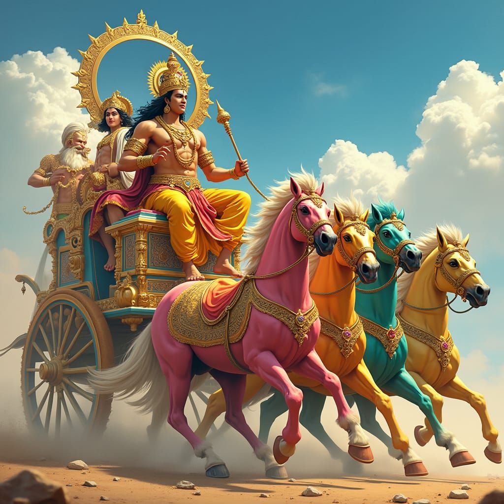 Majestic Hindu God Suryadev in Golden Armor on Rainbow-Color...