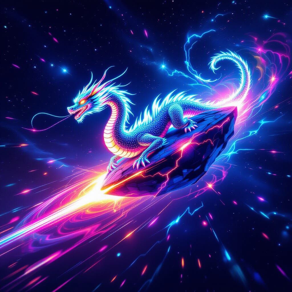 Psychedelic Laser Dragon on Meteor in Deep Space