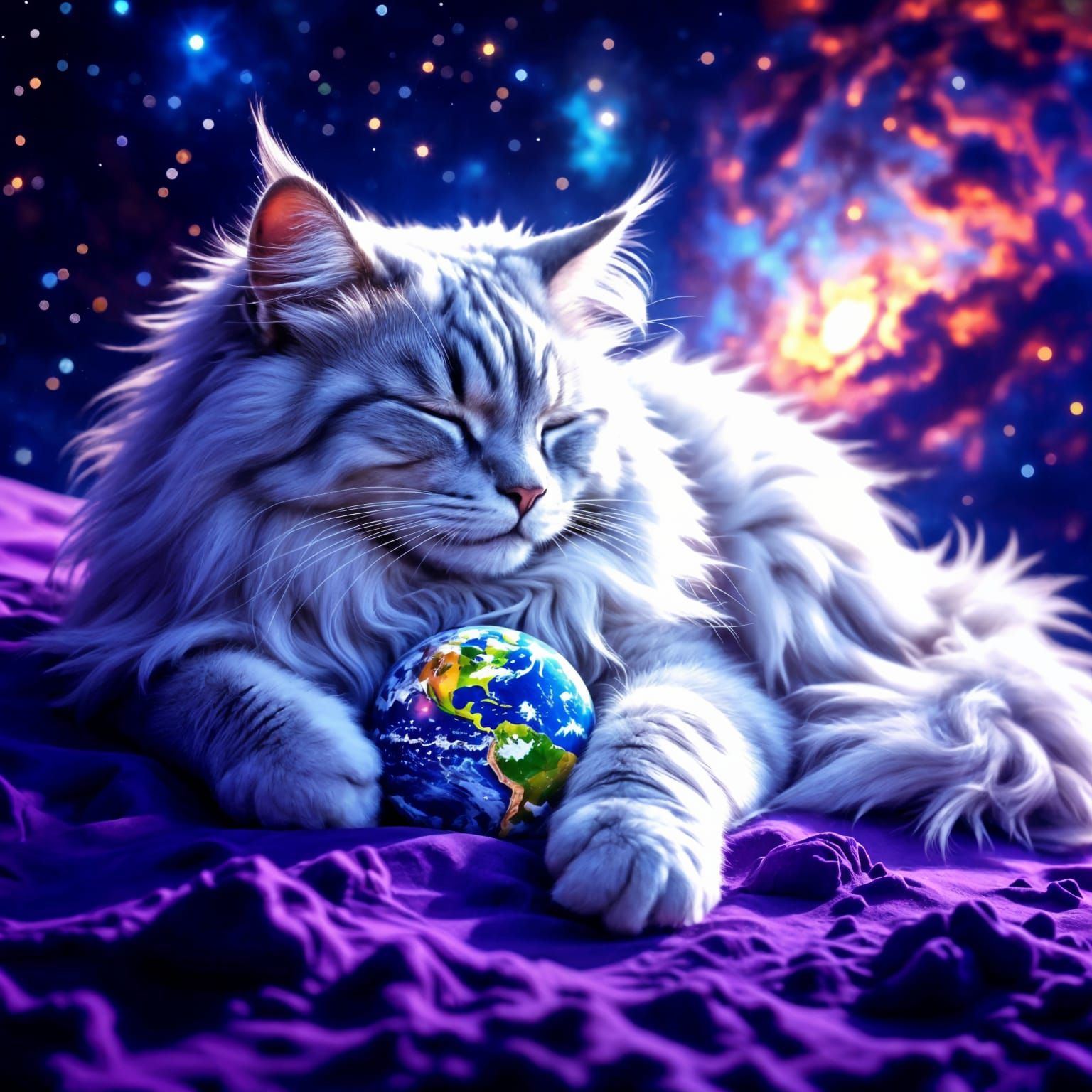 Gigantic Silver Cat Guardian Sleeping in Space