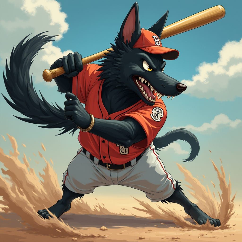 Sleek Anime-Style Black Dog Baseball Player in Action