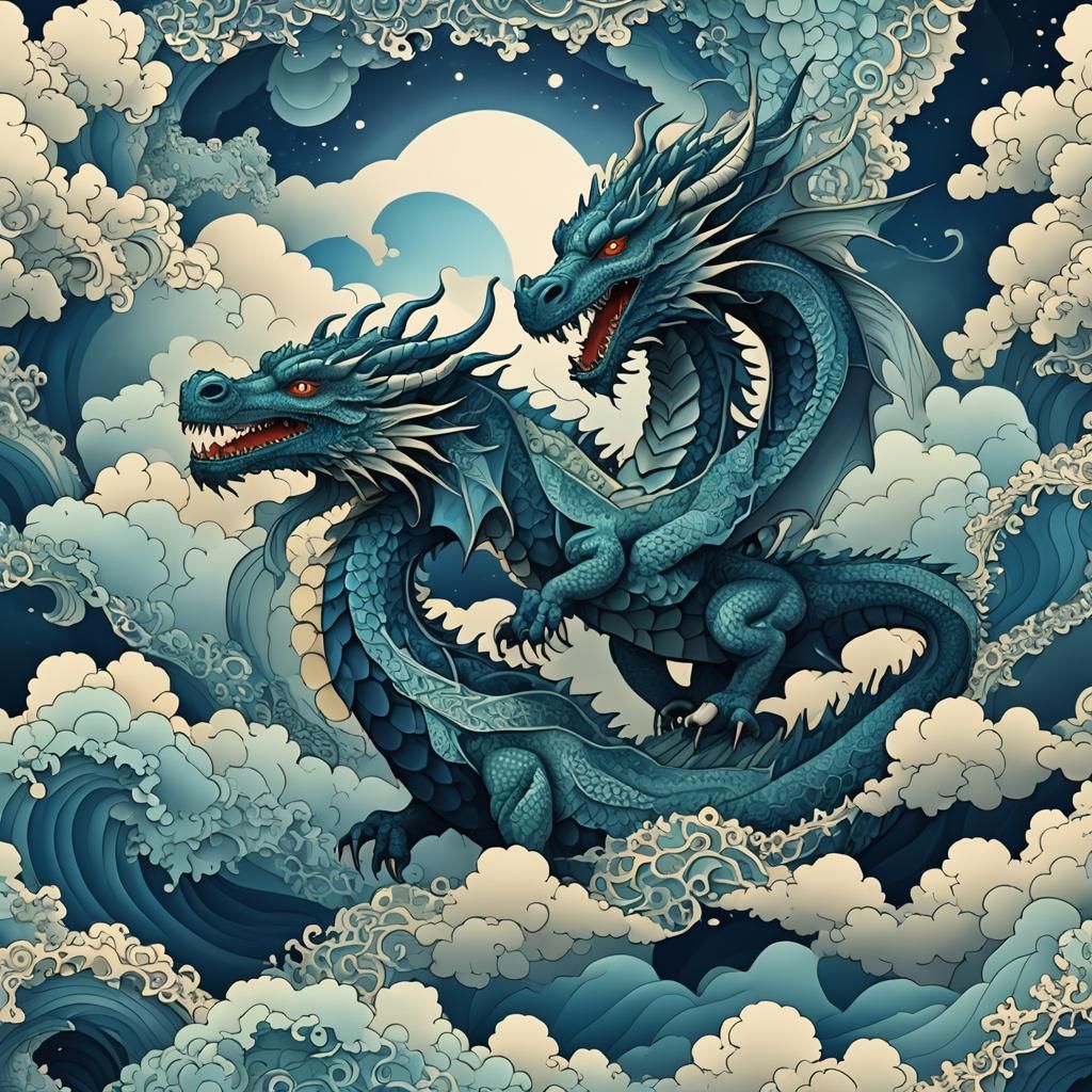 Dragons Intertwined in Misty Sky: Abstract Fractal Art