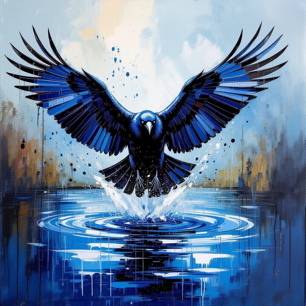 Raven Emerges from River as Impasto Painting