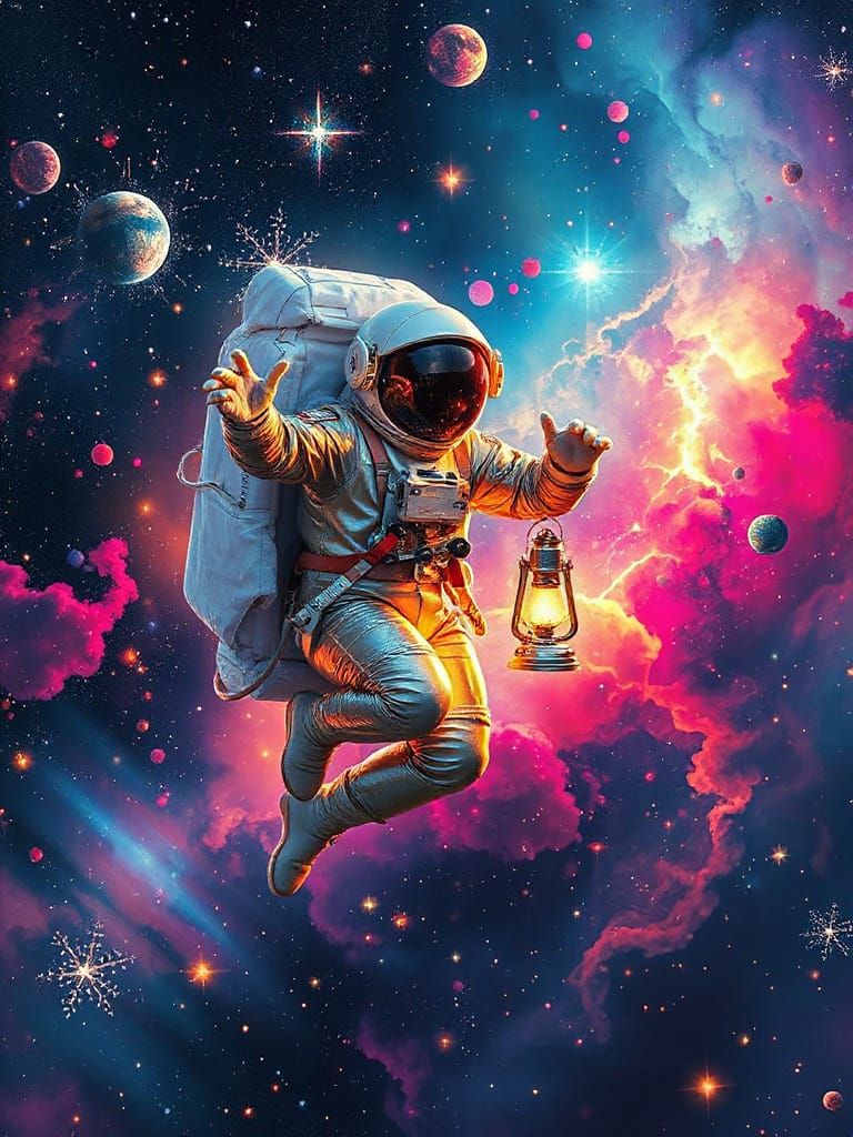 Astronaut with Celestial Lantern in Kaleidoscopic Nebula