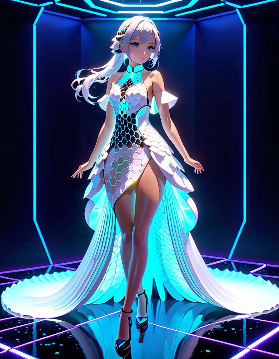 Neon Lit Anime Woman in Flowing Dress