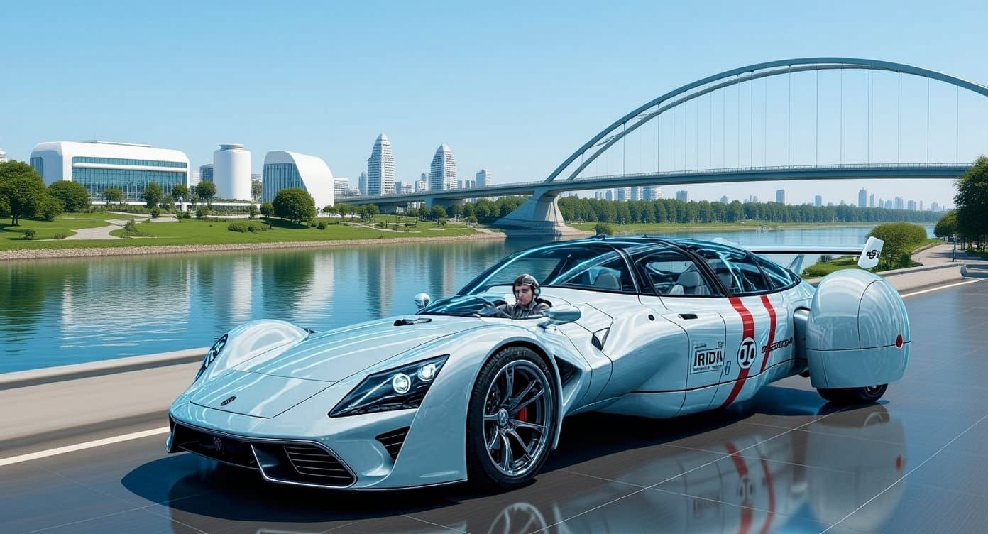 Limousine on Bridge in Futuristic Cityscape