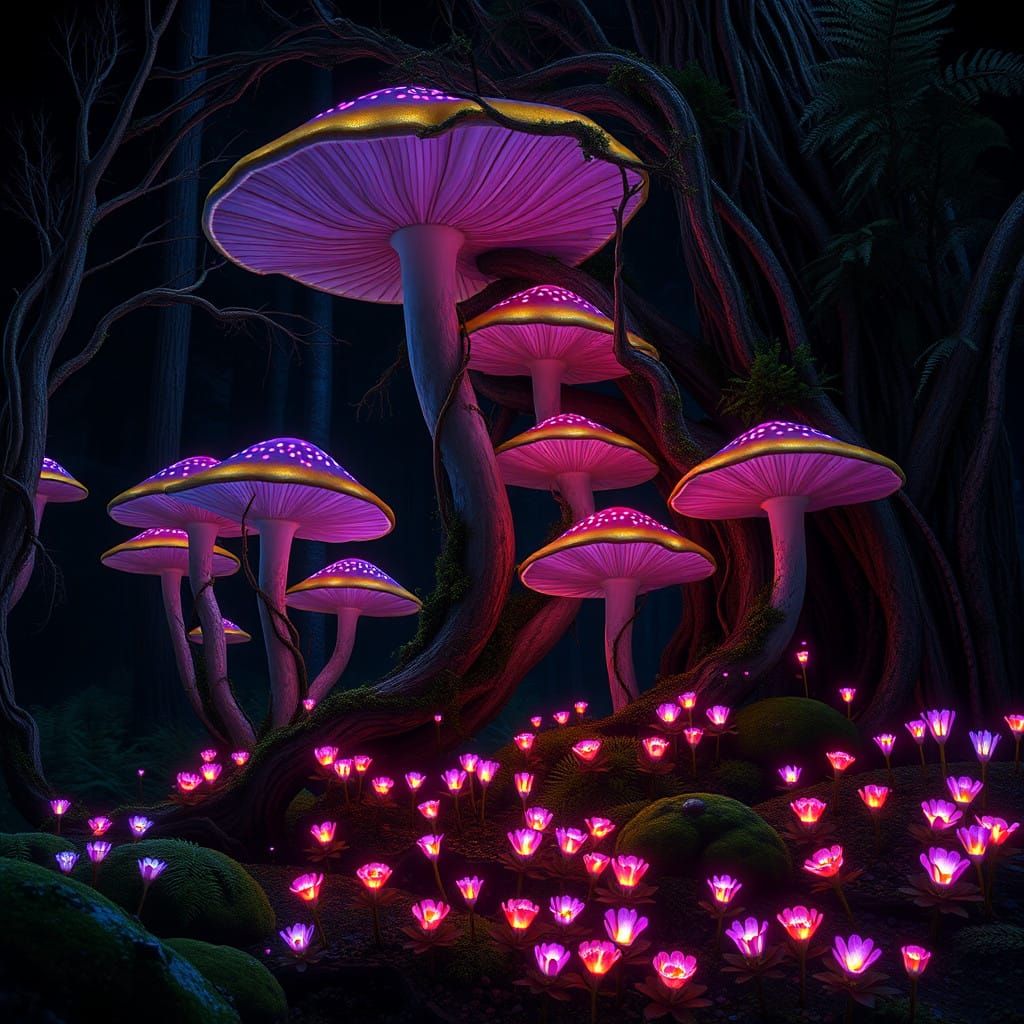 Glowing Forest of Iridescent Mushrooms and Hemlock Trees
