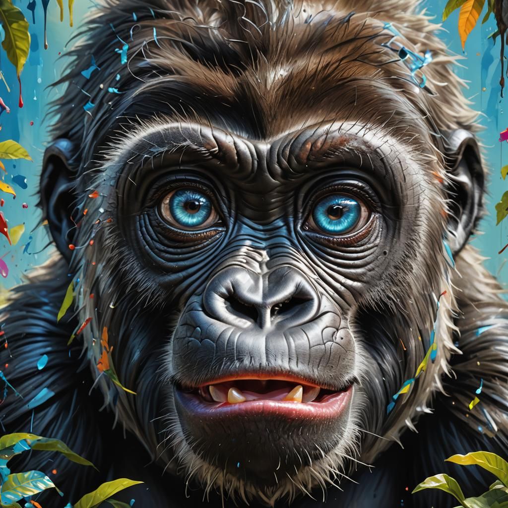 Blue-Eyed Gorilla Cub in Hyperrealistic Splash Art