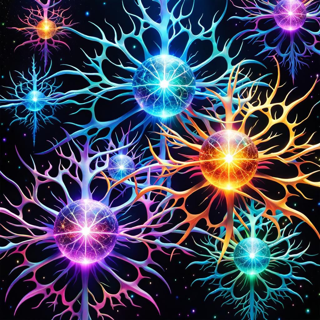 Neurons Firing Inside Orbs: Holographic Astral Illustration