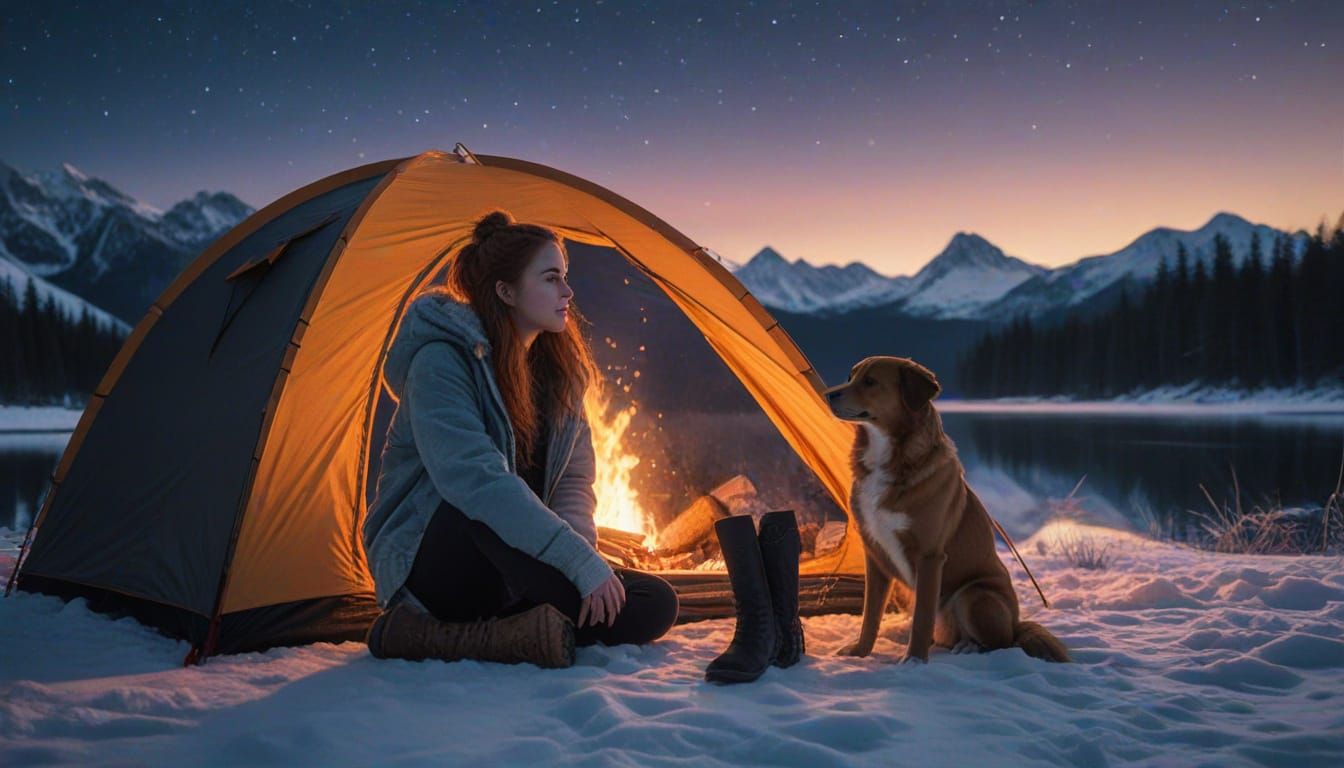 Serene Winter Campsite Under Starry Night Sky in Vibrant Wat...