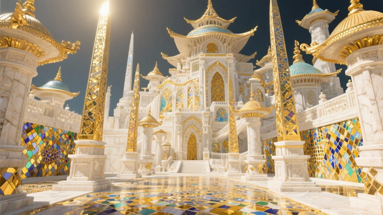 Shimmering Stone Dreamscape with Pagoda Roofs