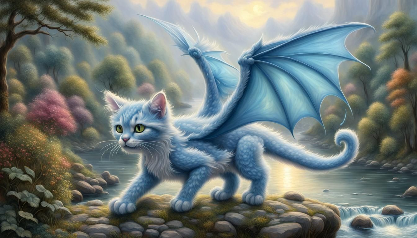 Blue Cat-Dragon Hybrid Flying Above River in 3D