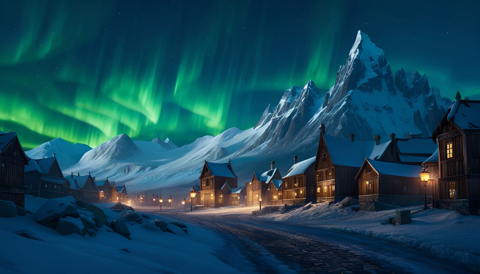 Arctic Medieval Town with Aurora in Dark Fantasy Style