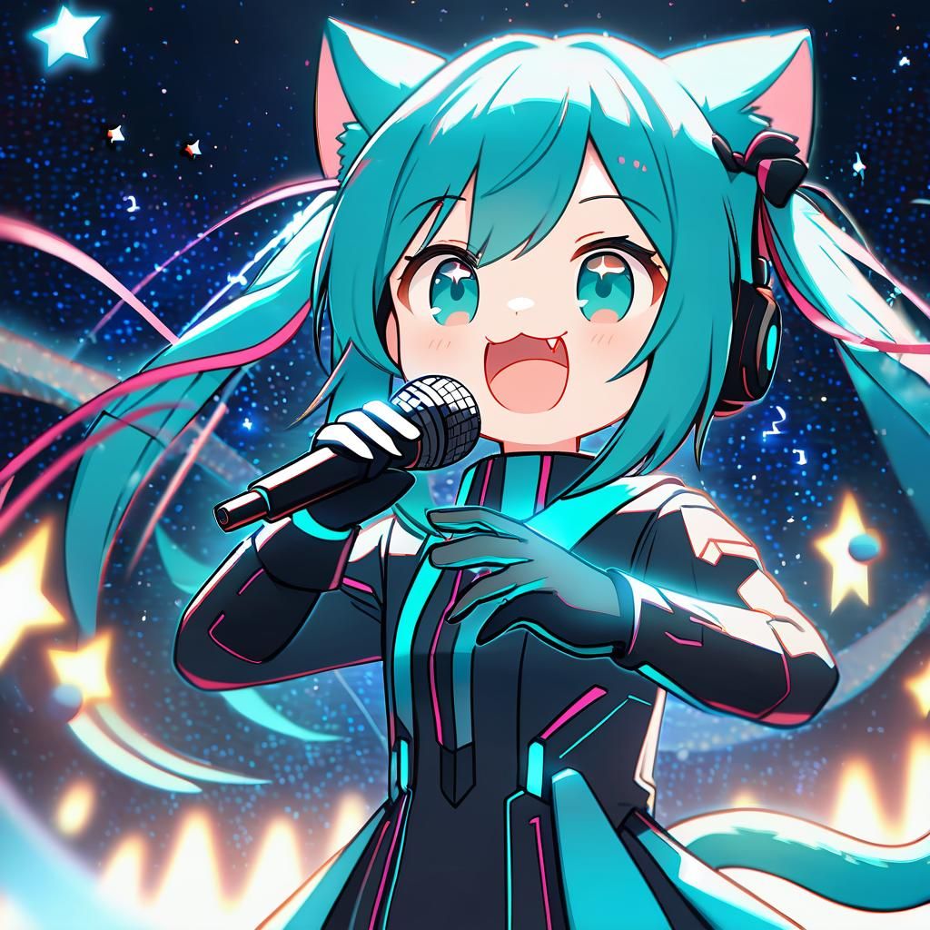 Cute Chibi Catgirl Singing Under Starry Sky