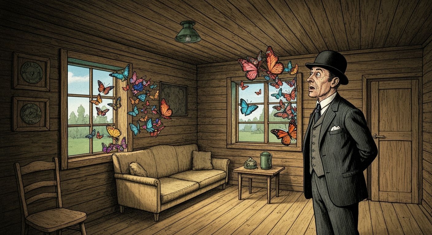 Surreal Butterflies Emerge from Cabin Walls in Clear Line St...