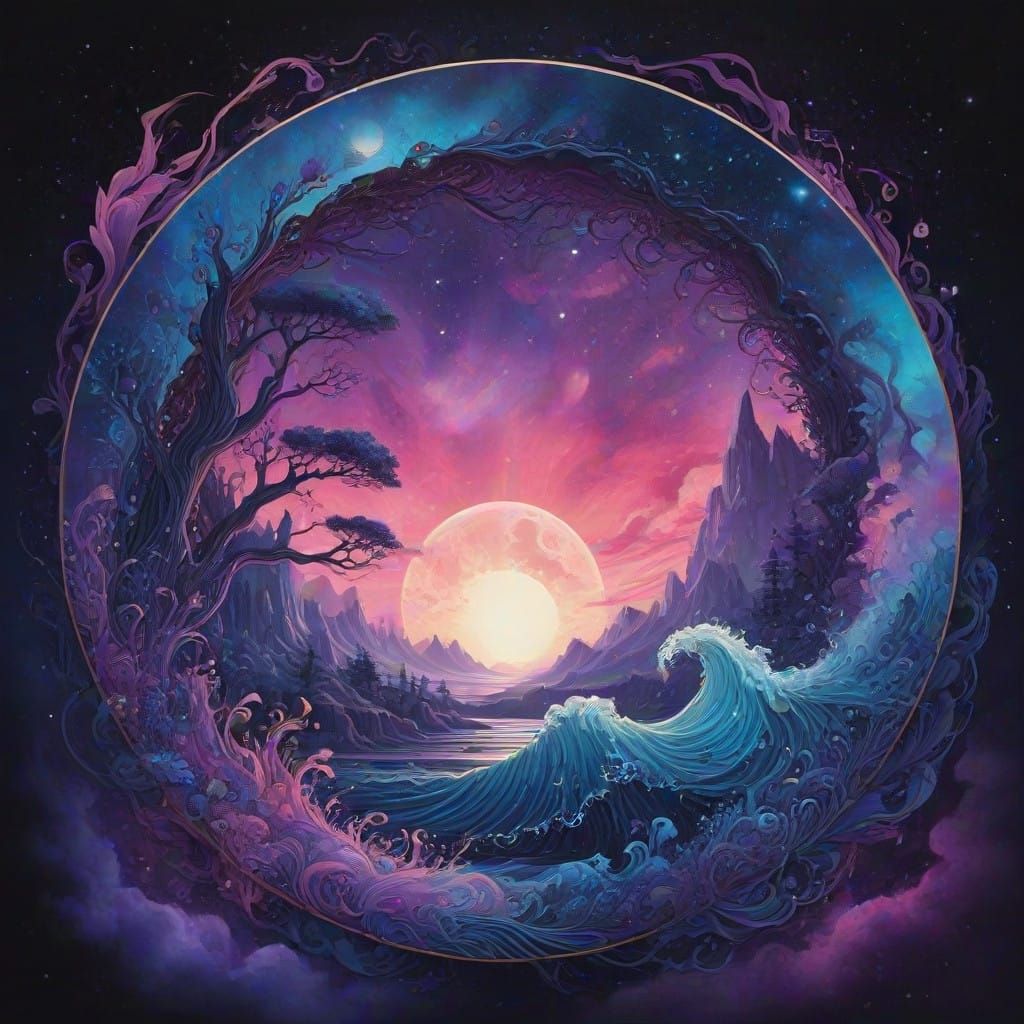 Dreamlike Cosmic Nightscape in Vibrant Watercolor and Ink St...