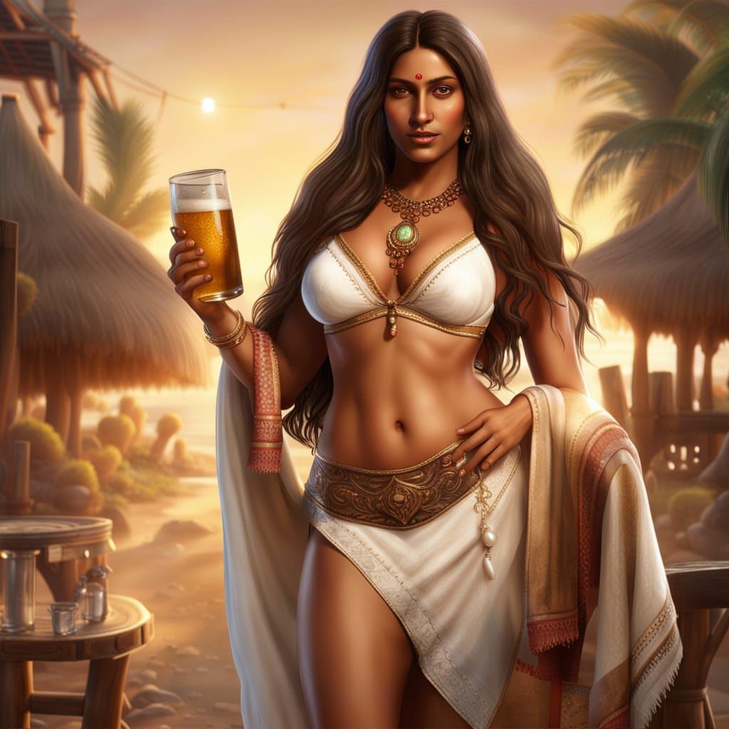 Indian Woman with Beer on a Beach in 8k