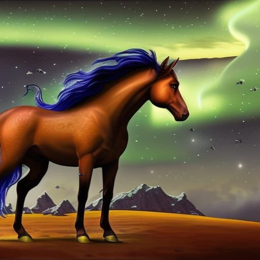 Mystical Medieval Horse in Aurora Borealis Light