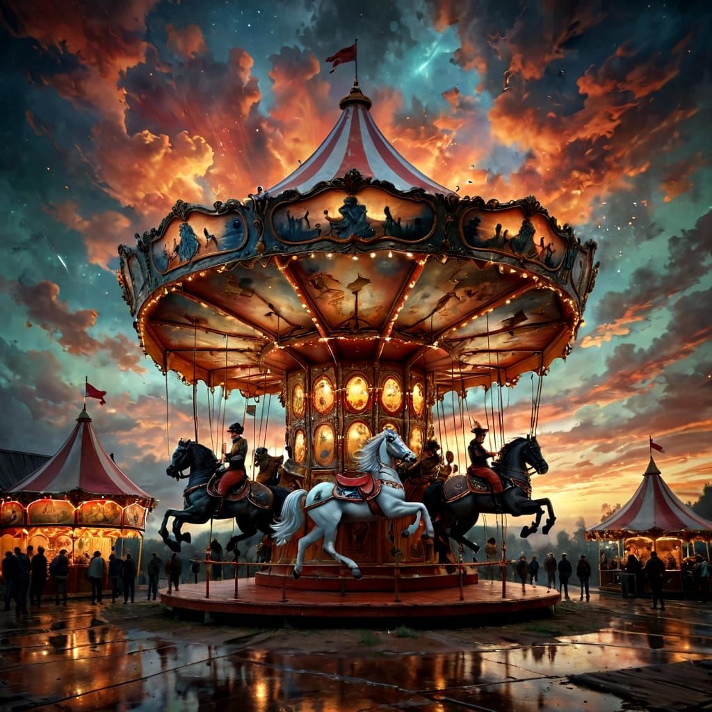 Antique Horse Carousel Under Dramatic Celestial Event