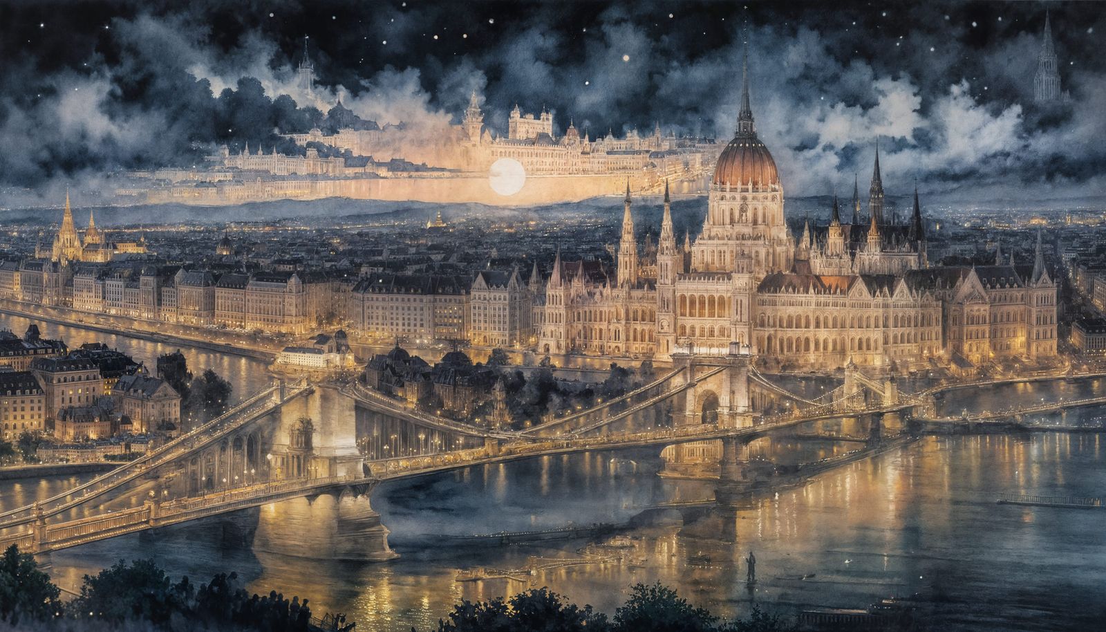 Budapest at Night, Captured in Precise Watercolor