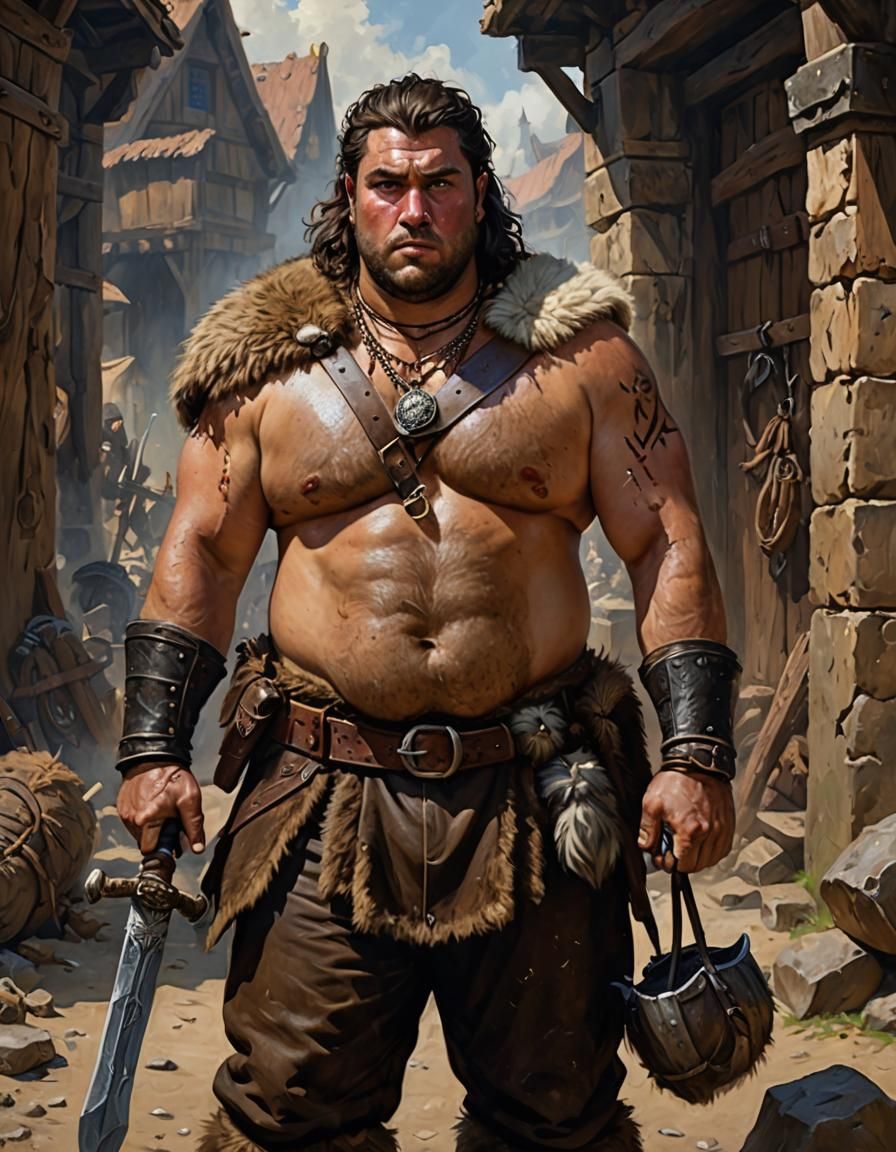 Overweight Barbarian Adventurer Portrait in Hot Colors