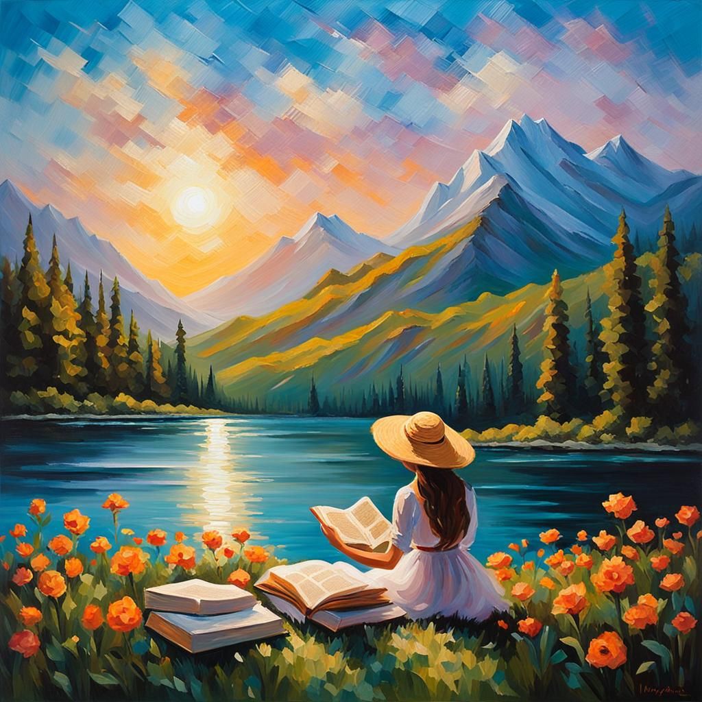 Lady Reading by Lake: An Impasto Painting