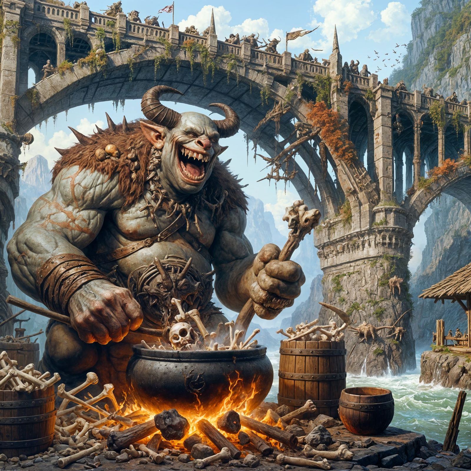 Merry Troll Cooks Beneath His Bridge in Traditional Oil Pain...