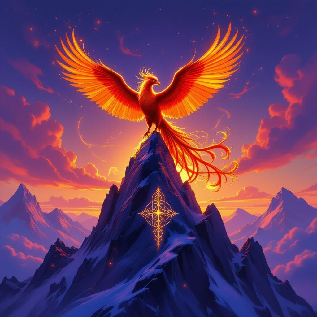 Majestic Phoenix on Crystalline Peak at Dawn