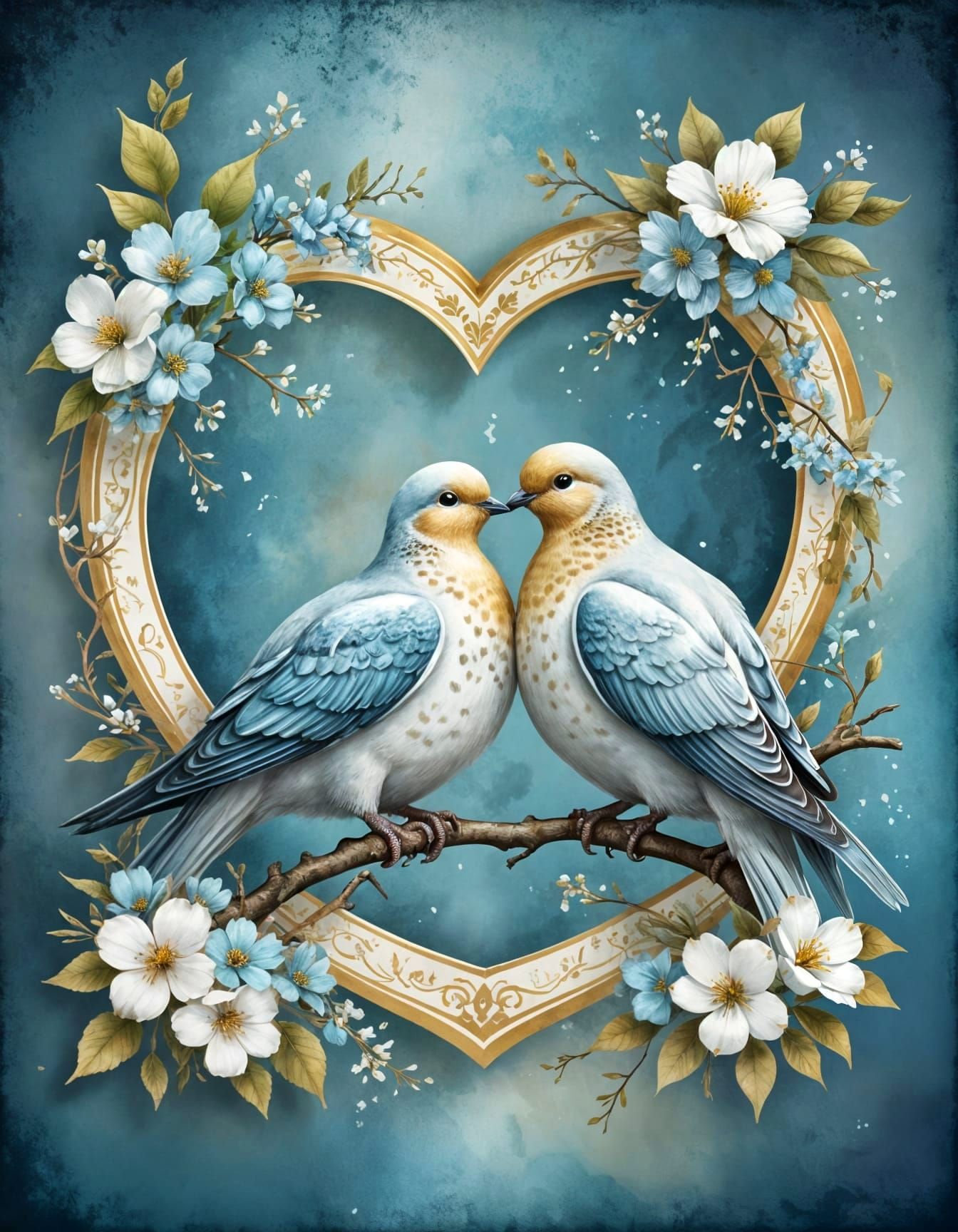 Vintage Whimsical Illustration of Intertwined Doves on Embos...