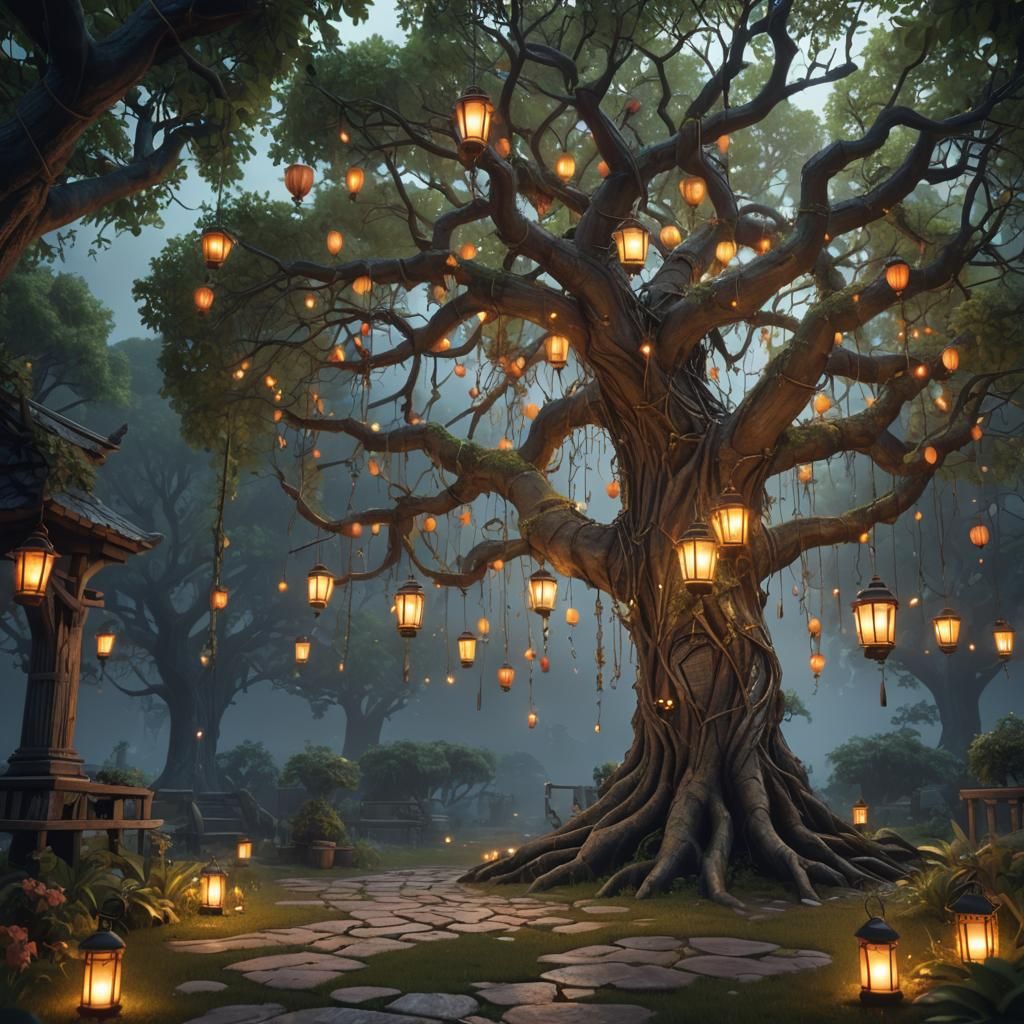 Enchanted Weeping Tree with Lanterns and Fairy Lights