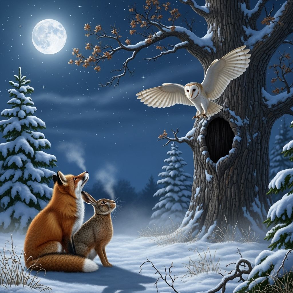 Fox and Hare Under Moonlight in Snowy Woodland