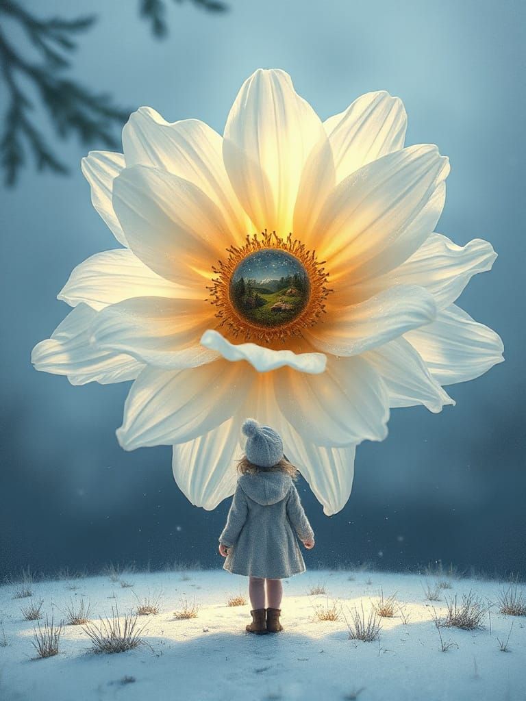 Girl Gazes at Colossal Snowflower with Fairytale Petals