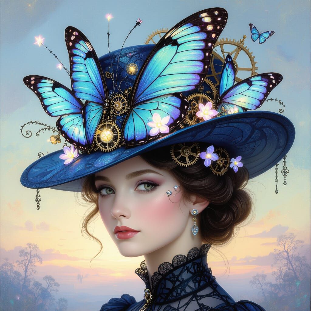 Woman Wearing Iridescent Butterfly Wing and Clockwork Hat