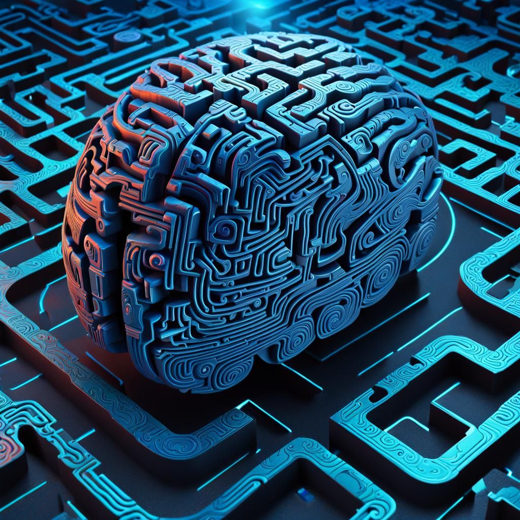 Cyberpunk Brain Maze with Mystical Symbols