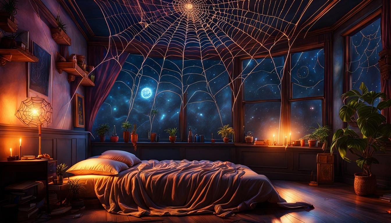 Cozy Bohemian Bedroom with Spiderwebs in Photorealistic Styl...