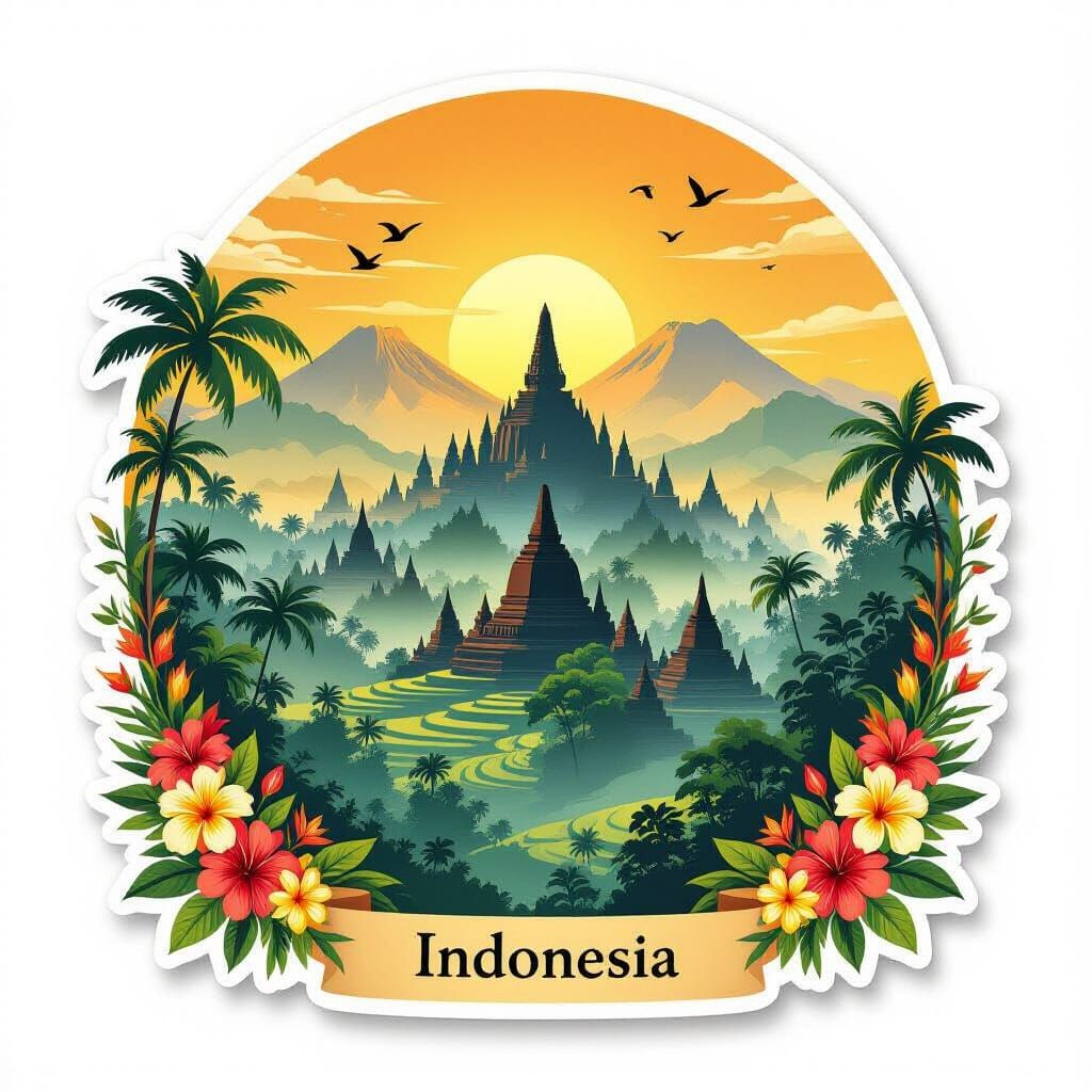 Indonesia Travel Sticker: Sunrise Over Borobudur Temple