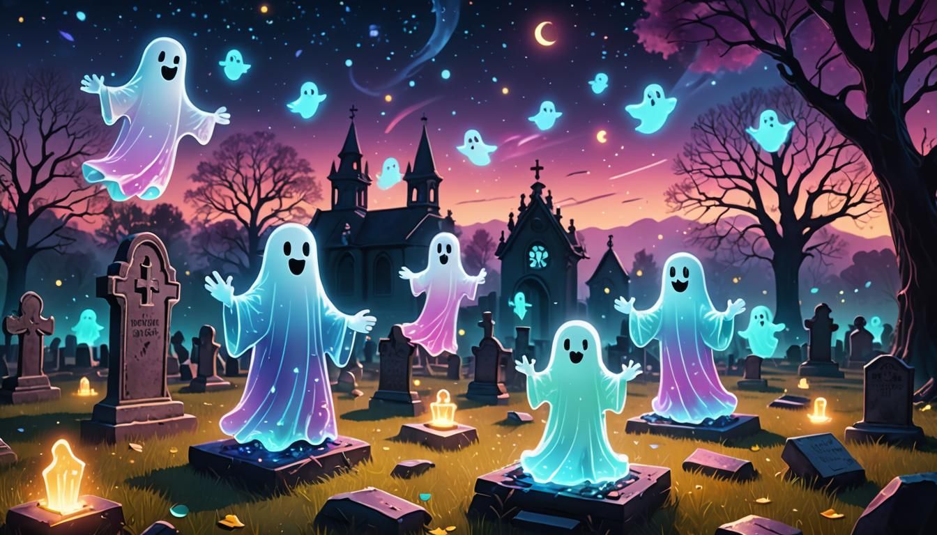 Cute Ghosts Floating in Graveyard in Digital Art Style