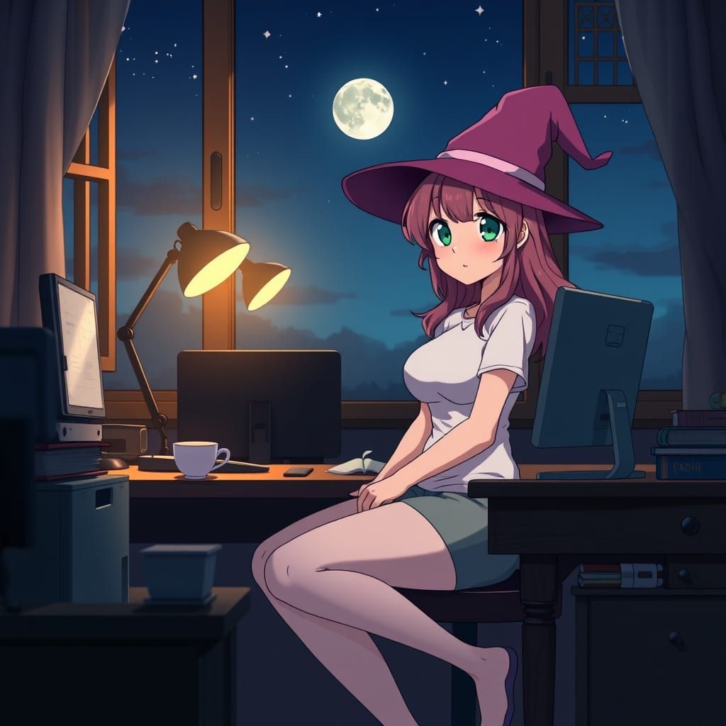 Whimsical Anime Witch in Cozy Study Setting