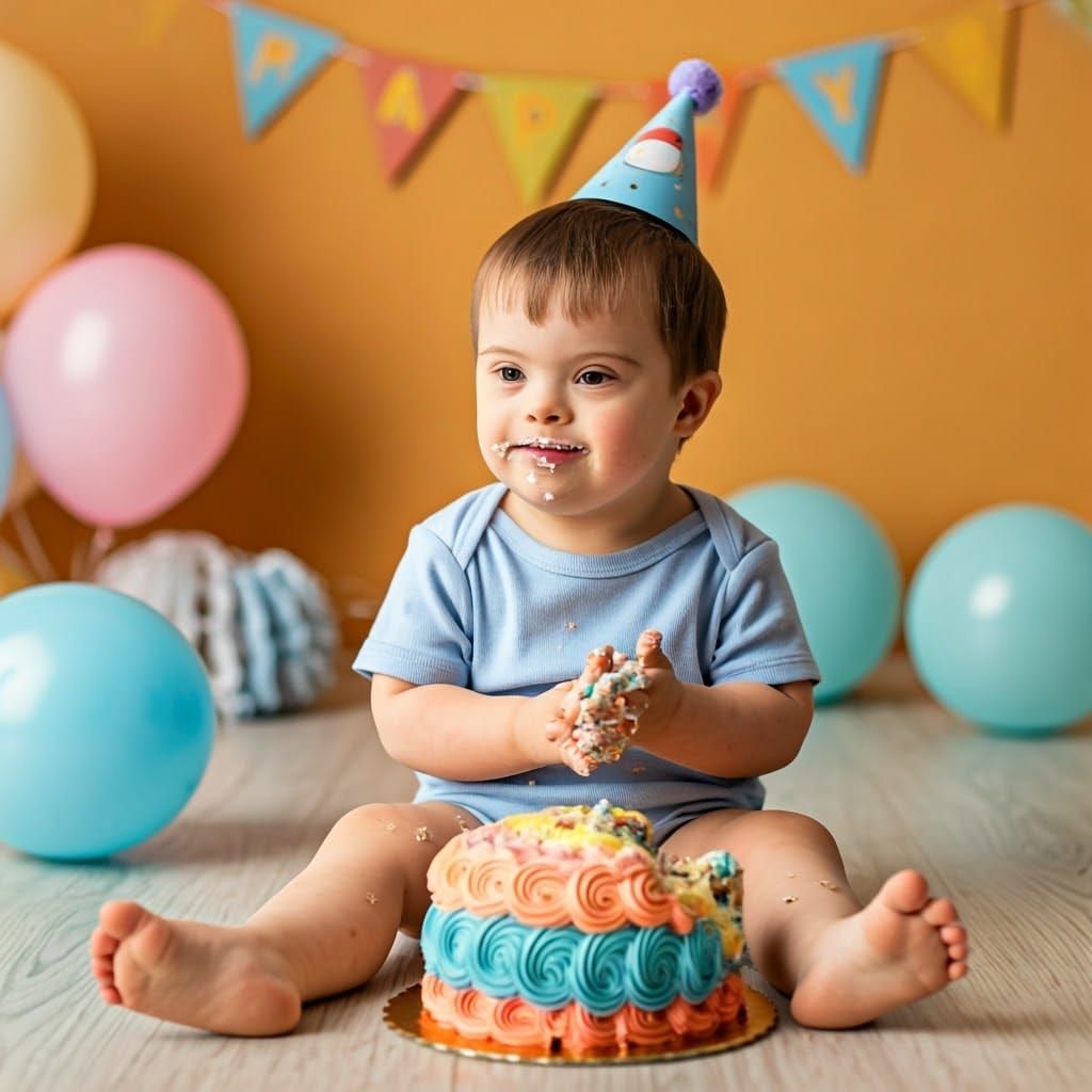 Joyful Down Syndrome Child Smashes Birthday Cake in Whimsica...