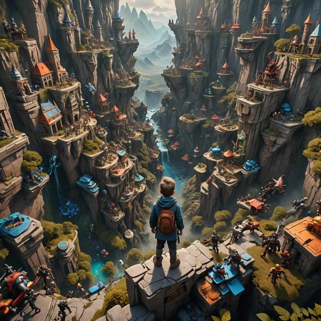 Giant Toddler Overlooks Action Figure Landscape