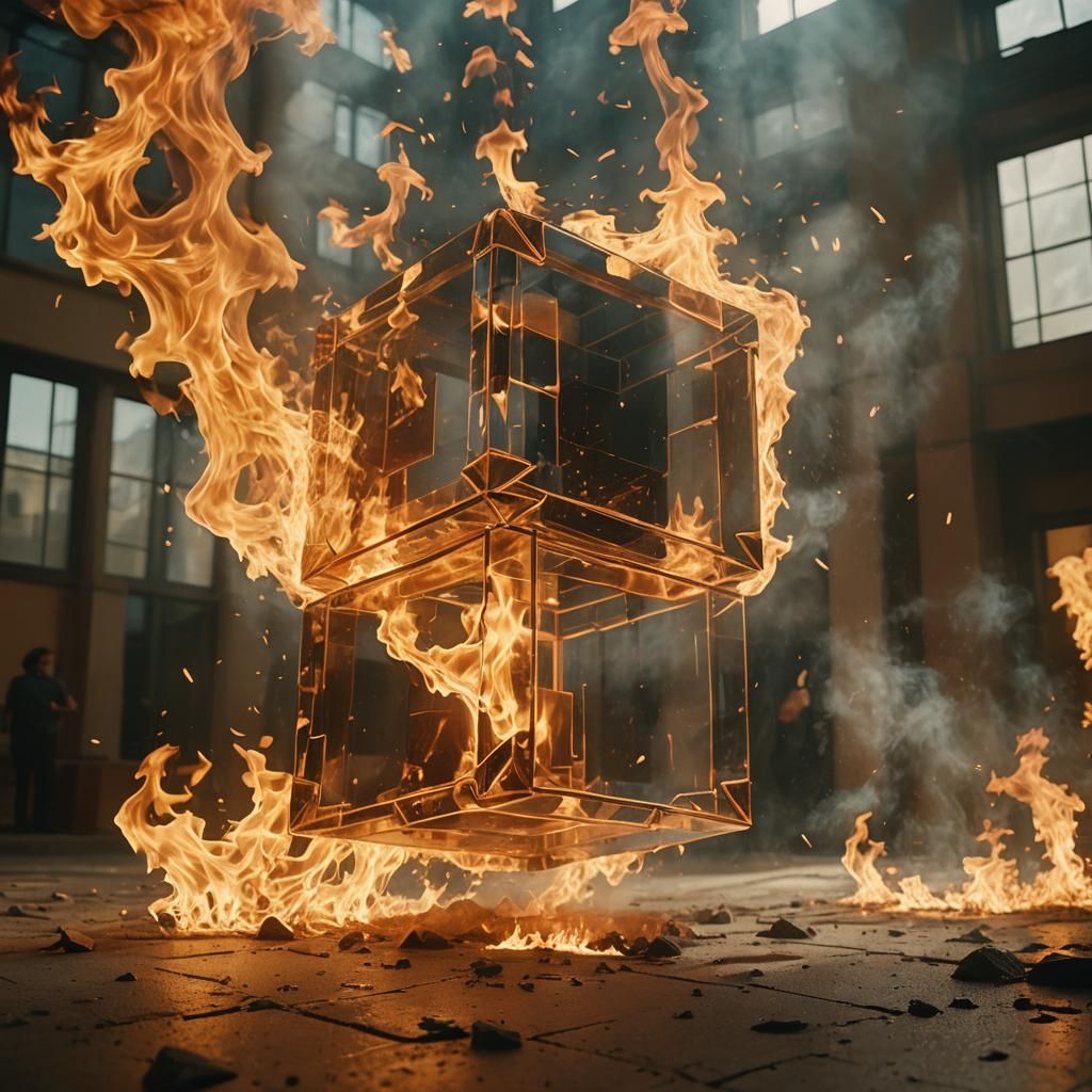 Fire Rages Inside Transparent Cube: Cinematic Still